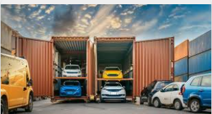 Cars loaded in shipping containers at port